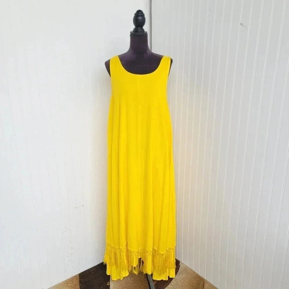 Colors of India Dress Womans Long Sleeveless Free Size Yellow Fringe Maxi Layere - Picture 1 of 12